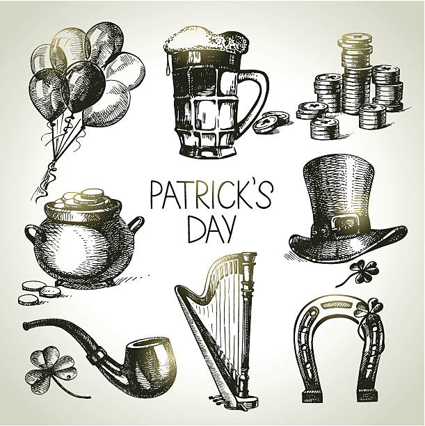 St. Patrick's Day set Hand drawn illustrations leprechaun hat stock illustrations