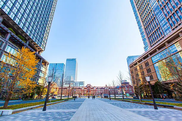 Business towers and Tokyo station in Tokyo, Japan.