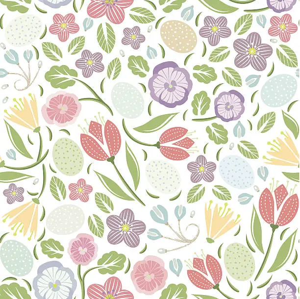 Vector illustration of Woodland Easter Eggs and Flowers Pattern