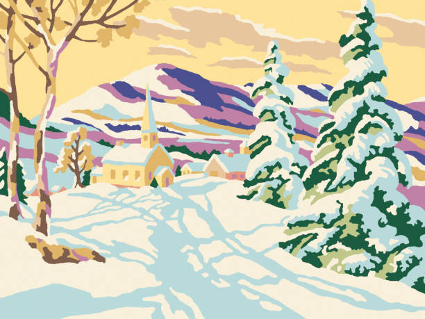 illustrazioni stock, clip art, cartoni animati e icone di tendenza di paesaggio invernale di pittura con i numeri - church in the snow