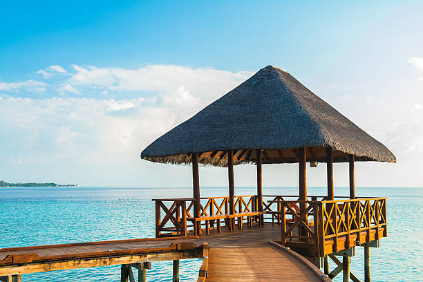 istock Over water bungalows with steps into amazing green lagoon 474250332