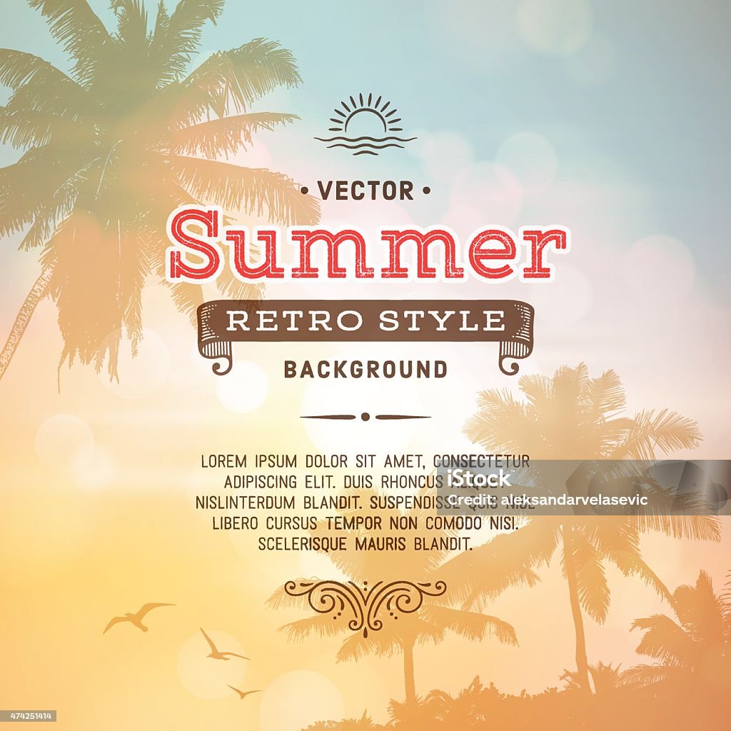 Retro Summer Holiday Poster Background Tropical summer vacation retro background with palm trees, defocused sky and text.File is layered with global colors.Only gradients used.Hi res jpeg without text included.More works like this linked below. Backgrounds stock vector