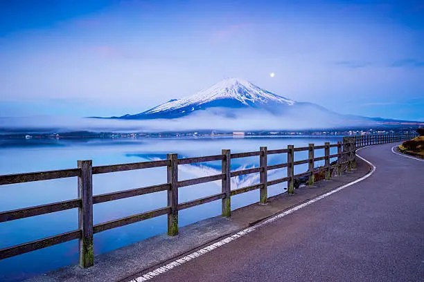 Path to Mt.Fuji at moonrise, Yamanaka lake, Yamanashi, Japan