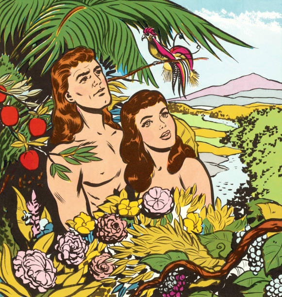 adam i eve w garden - adam & eve stock illustrations