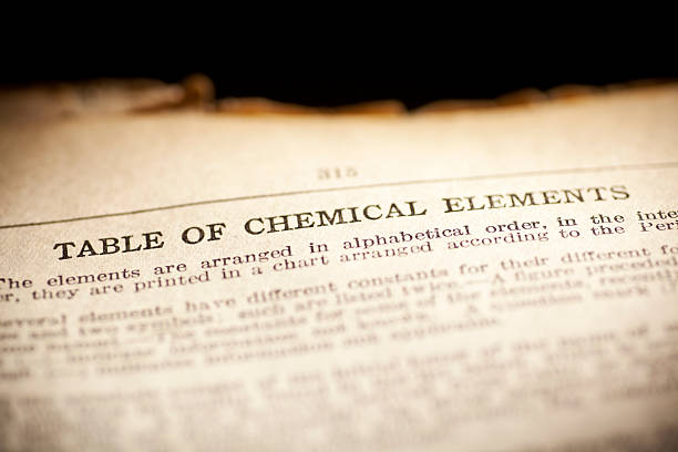 istock Old dictionary open on the table of chemical elements page 474265604