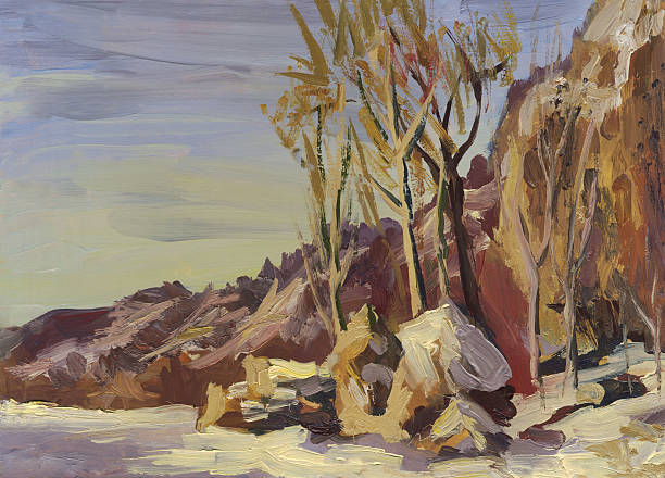 istock Winter landscape with mountains and trees, Oil painting 474270816