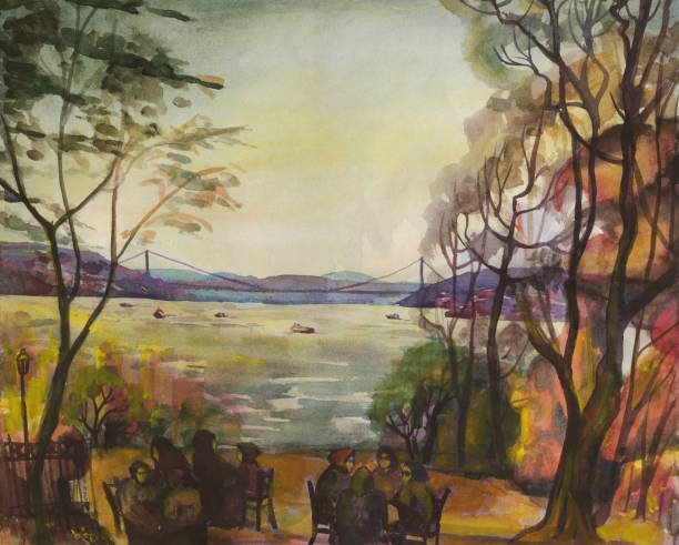 Landscape with views of the Bosphorus bridge, Istanbul, Painting, Watercolor Landscape with views of the Bosphorus bridge. Istanbul. Painting. Watercolor person sitting on fence stock illustrations