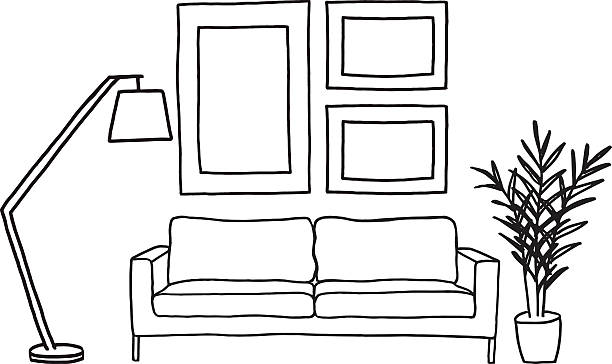 pohovka a prázdné rámečky obrázků, vektorový maketa - palma arecales fotky stock ilustrace