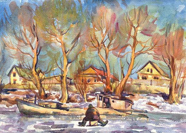 Winter landscape with a fisherman, Painting, Watercolor Winter landscape with a fisherman. Painting. Watercolor person sitting on fence stock illustrations