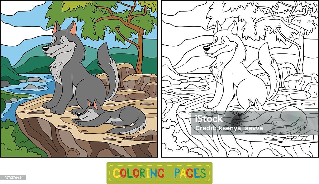 Coloring book (wolf) Game for children: Coloring book (wolf) Coloring Book Page - Illlustration Technique stock vector
