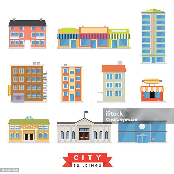 City Buildings Vector Set Stock Illustration - Download Image Now - Town Hall - Government Building, Apartment, Flat - Physical Description