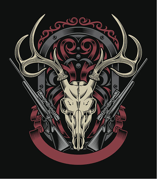 디어 스컬, 라이플 - antler stag deer animal skull stock illustrations