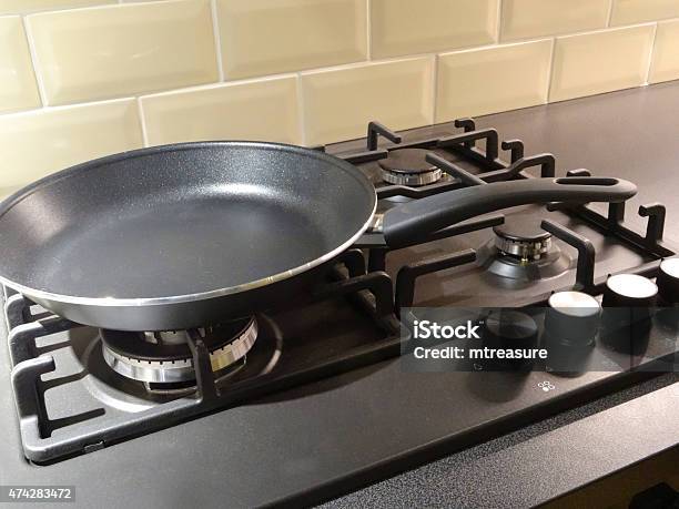 Image Of Nonstick Frying Pan Kitchen Gas Cooker Hob Rings Stock Photo - Download Image Now