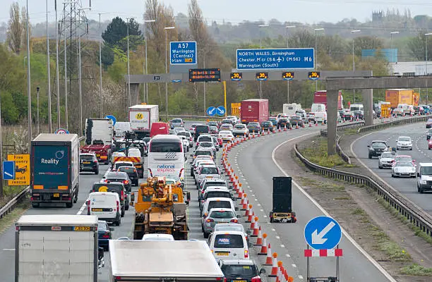 Traffic congestion on the busiest motorway in Britain, the M6, as road works on the motorway, as it passes through Cheshire adds to motorists headaches.