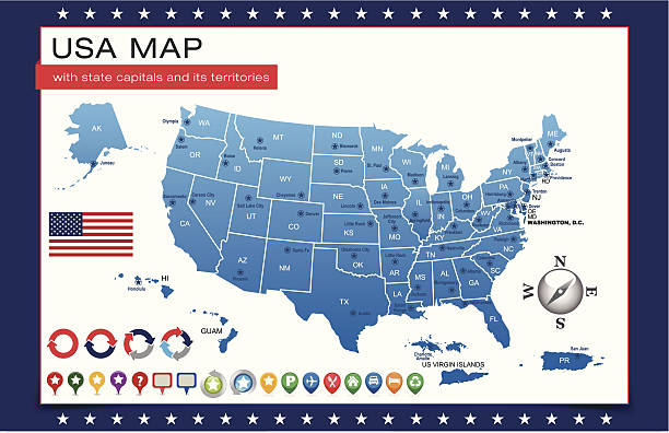 Blue USA map outline with state capitals and its territories The USA map was traced and simplified in Adobe Illustrator on 18 FEB 2014 from a copyright-free resource below: alaska us state stock illustrations