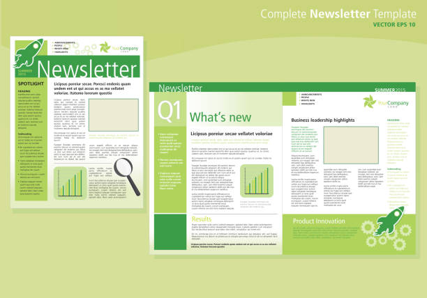 Company green business newsletter cover and inside layout design template Vector illustration of a company business newsletter design template with sample text layout mast head, headings, sub headings body text, and design elements. Green palette. Design elements include blank photo area, gears, retro rocket, bar graph and magnifying glass, texture and color theme. Download includes Illustrator 10 eps with transparencies, high resolution jpg and png file. figurehead stock illustrations