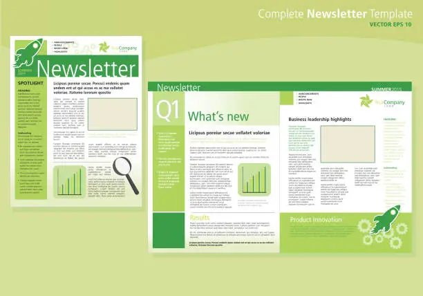 Vector illustration of Company green business newsletter cover and inside layout design template