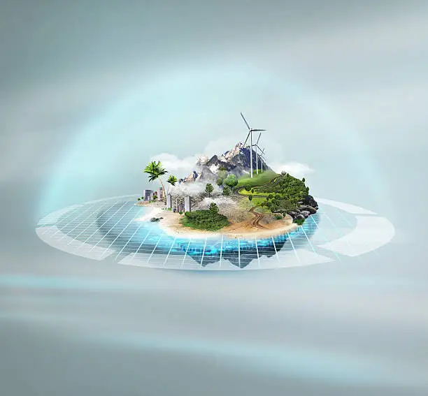 Better world project concept. Idyllic island on technological background