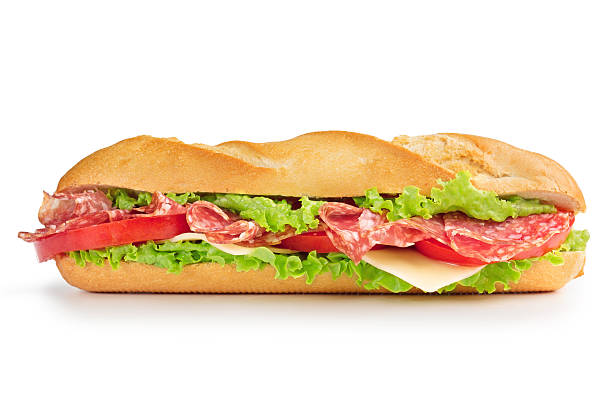 salami sandwich isolated on white - baguette stok fotoğraflar ve resimler