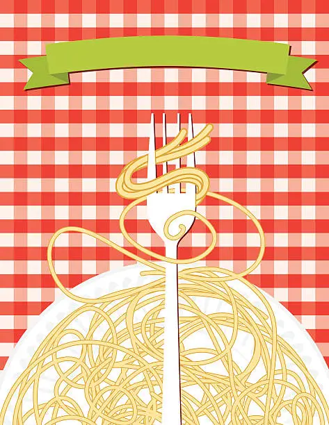 Vector illustration of Spaghetti Dinner with Fork and Noodles on Red Checkered Tablecloth