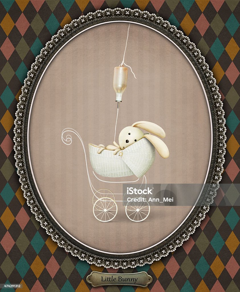 Little Bunny Illustration or postcard with rabbit in baby carriage. Computer graphics. 2015 stock illustration