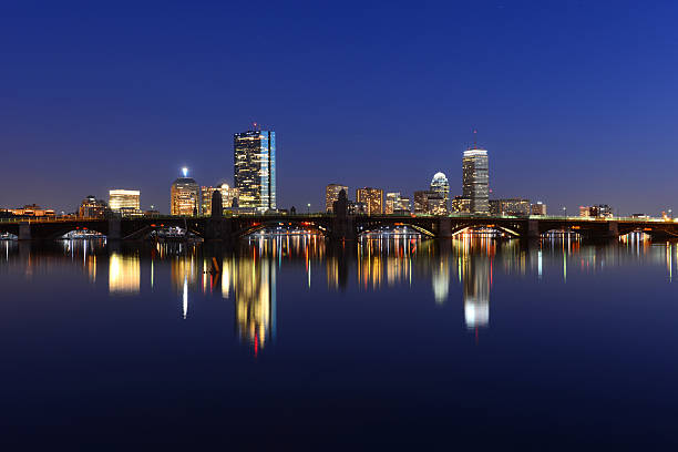 Boston Charles River and Back Bay skyline at night Boston Back Bay Skyline John Hancock Tower and Prudential Center night scenes, viewed from Cambridge, Boston, Massachusetts, USA prudential tower stock pictures, royalty-free photos & images