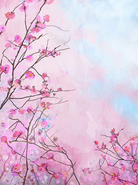 живопись японская вишня-sakura pink spring blossom background с цветочным рисунком - spring vertical cherry blossom color image stock illustrations