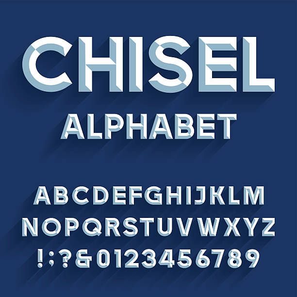 Chiseled Alphabet Vector Font Type letters, numbers and punctuation marks. Chiseled block letters on the blue background. chisel stock illustrations