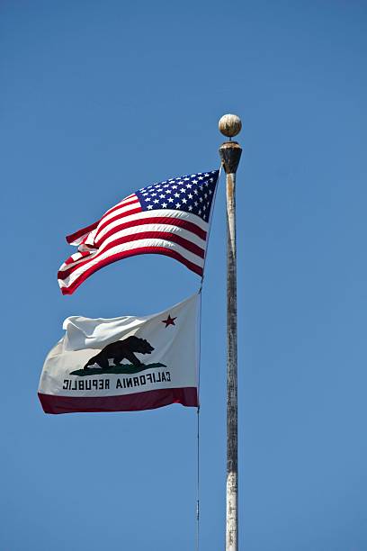 istock American and California flags waving 474298344