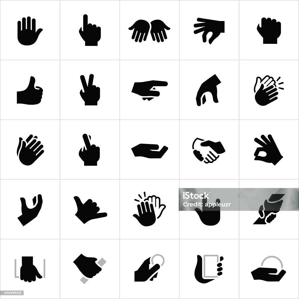 Hand Signals and Gestures Icons Common hand signals and gestures. The gestures are commonly used for non-verbal communication and include pointing, stopping, holding, grabbing, thumbs up, peace sign, clapping, high-five and grasping to name a few. Icon Symbol stock vector