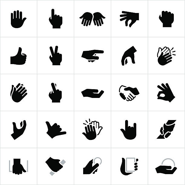 Hand Signals and Gestures Icons Common hand signals and gestures. The gestures are commonly used for non-verbal communication and include pointing, stopping, holding, grabbing, thumbs up, peace sign, clapping, high-five and grasping to name a few. fingers crossed illustrations stock illustrations