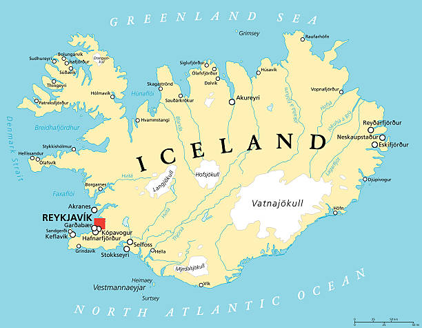 Iceland Political Map Iceland Political Map with capital Reykjavik, national borders, important cities, rivers, lakes and glaciers. English labeling and scaling. Illustration. iceland stock illustrations