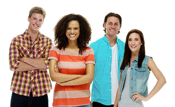 istock Smiling four friends looking at camera 474305798