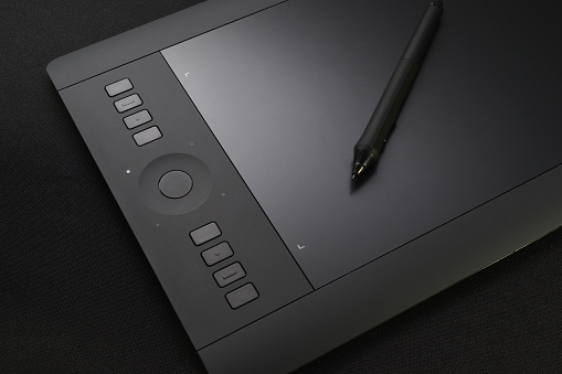 Port-Louis, Mauritius - November 26, 2013: Wacom professional line of tablet. Display of Wacom Intuos pro digital tablet for drawing, sketching and photo activities