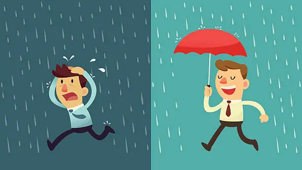 Vector illustration of businessman in the rain - preparation