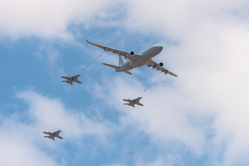 Airbus KC-30A Multirole mid-air refueling Tanker and Transport  Aircraft simulating refueling three F18 Super Hornet fights.