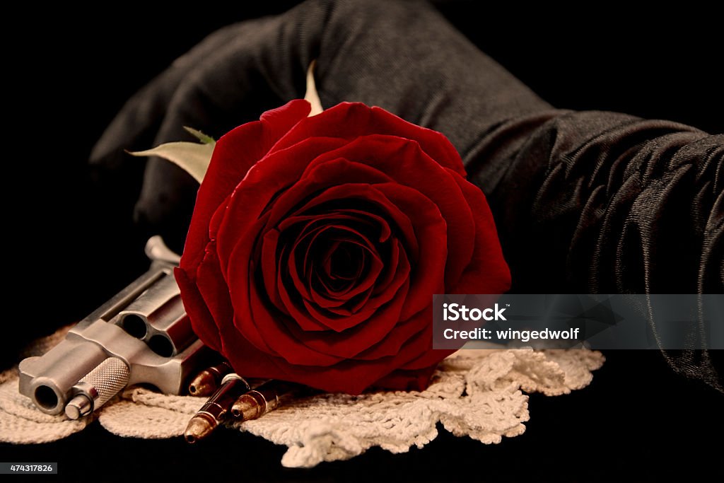 Red rose with handgun Red Rose with handgun, bullets and  hand in black glove on black background Gun Stock Photo