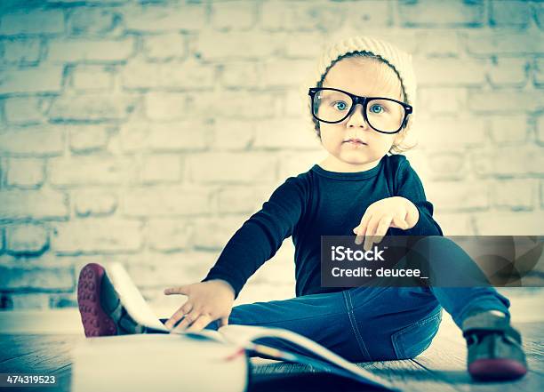 Little Nerd With Book Stock Photo - Download Image Now - Baby - Human Age, Hipster Culture, 18-23 Months