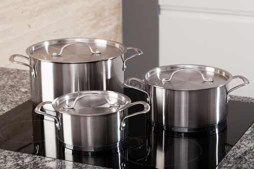 New cookware set on black induction hob in modern kitchen