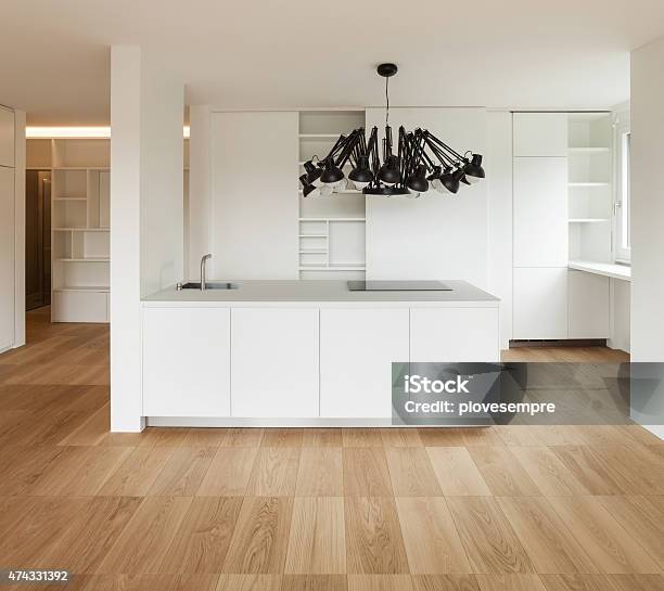 Architecture Domestic Kitchen View Stock Photo - Download Image Now - Kitchen Island, Front View, Kitchen