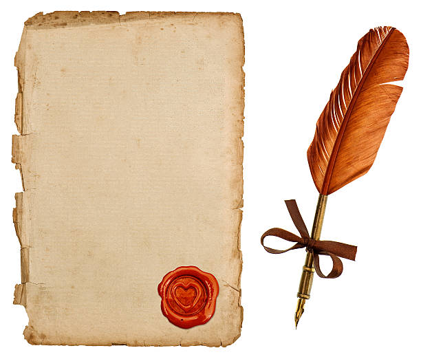 앤틱형 종이 시트 및 씰, 빈티지 잉크에도 펜 - writing manuscript ancient postcard 뉴스 사진 이미지