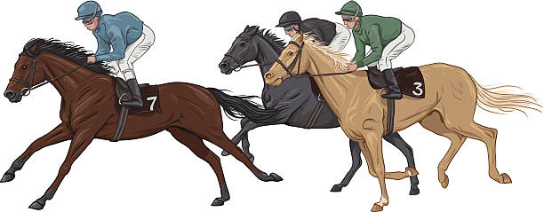Three jockeys on their racehorses vector art illustration