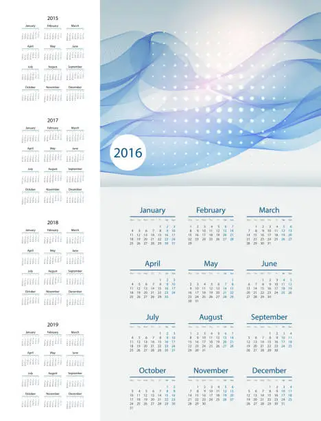 Vector illustration of Calendar 2015- 2019 year. Week starts from monday