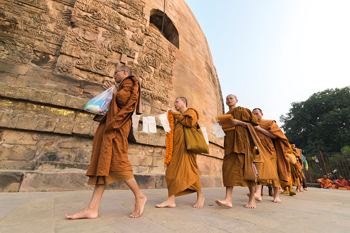 Sarnath, India - November 07, 2014: Buddhist monks, followed by pilgrims, circle the Dhamekh Stupa, the birthplace of Buddhism at the biggest and oldest Buddhist Stupa in Sarnath, India