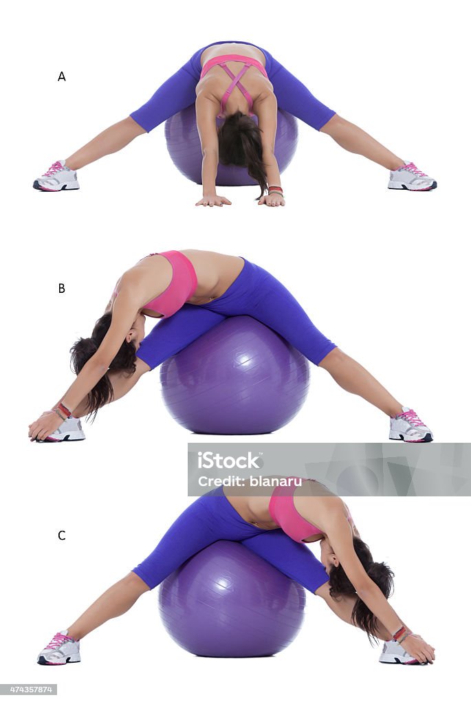 Stretching exercise on a Swiss ball Step by step instructions: Fit woman doing stretching exercise on a Swiss ball: in front (A) and laterals (B, C) 2015 Stock Photo