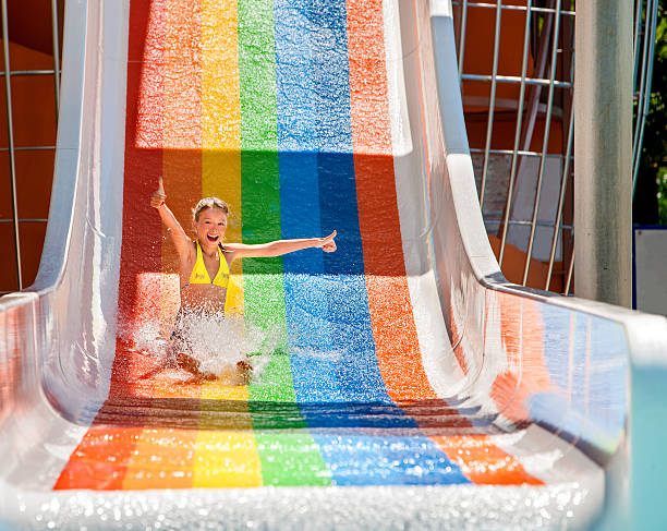 istock Child in bikini sliding water park 474361348