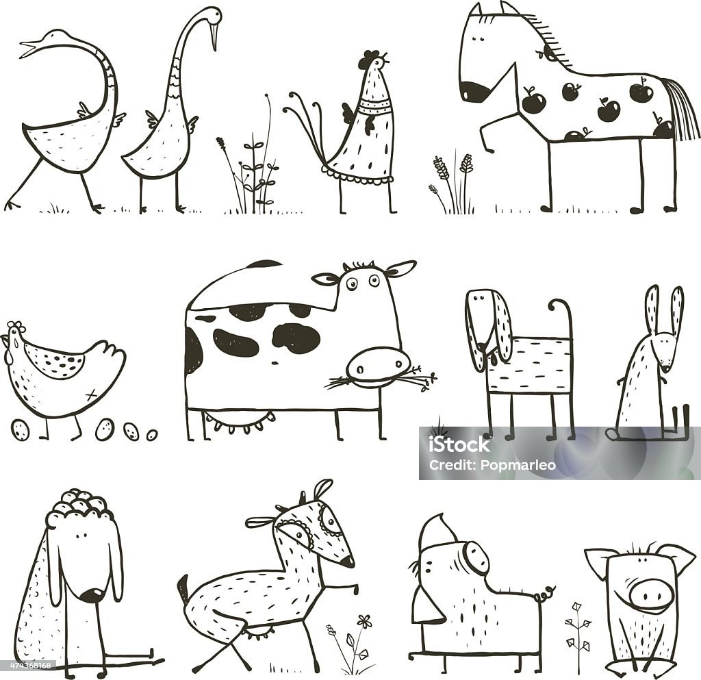 Divertidos dibujos animados de granja animales domésticos para niños para colorear Página de - arte vectorial de Dibujar libre de derechos