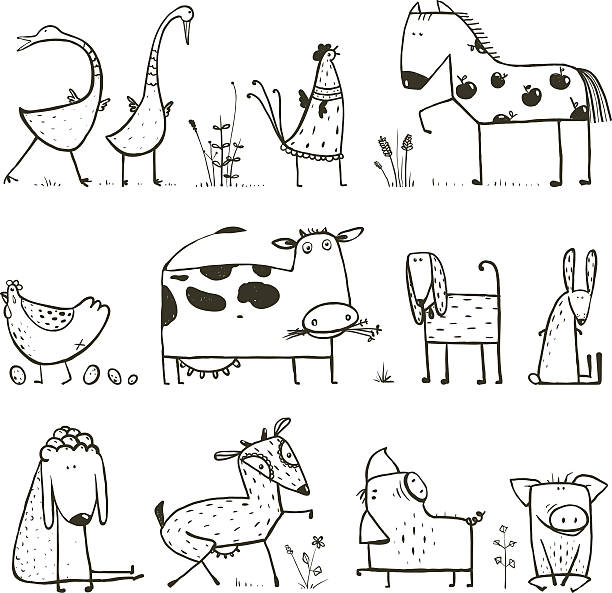 illustrations, cliparts, dessins animés et icônes de oiseau drôle en dessin animé animaux de la ferme domestiques collection page de coloriage pour les enfants - agriculture chicken young animal birds