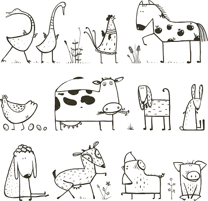 Countryside cottage animals illustration for children coloring book. Vector EPS10.