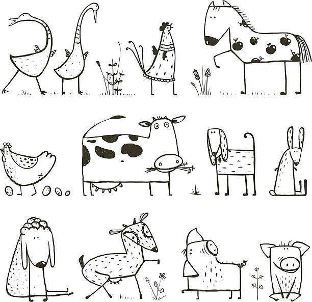 Funny Cartoon Farm Domestic Animals Collection for Kids Coloring Page Countryside cottage animals illustration for children coloring book. Vector EPS10. cow drawings stock illustrations